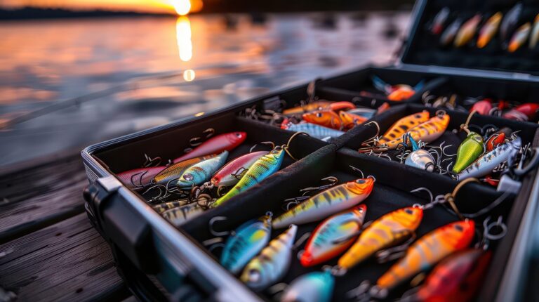 Close-up of a tackle box open on a dock, filled with an assortment of fishing lures and baits, ready for a day of fishing