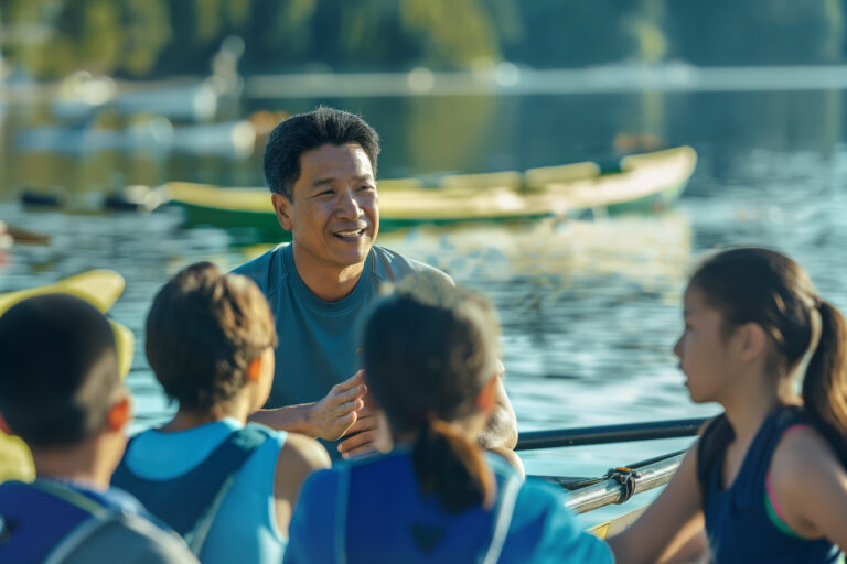 Coach giving instructions to young rowers near a calm lake. Group of children listening attentively in the foreground