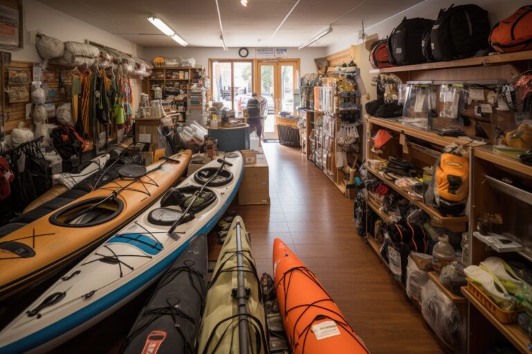 watersports gear store, with a variety of boats and accessories on display